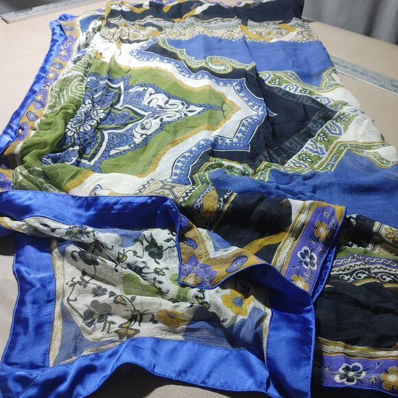 Shawl Wrap Scarf Satin Trim 90 x 42 Multicolor Sheer Floral Geometric Green Blue - Picture 8 of 11